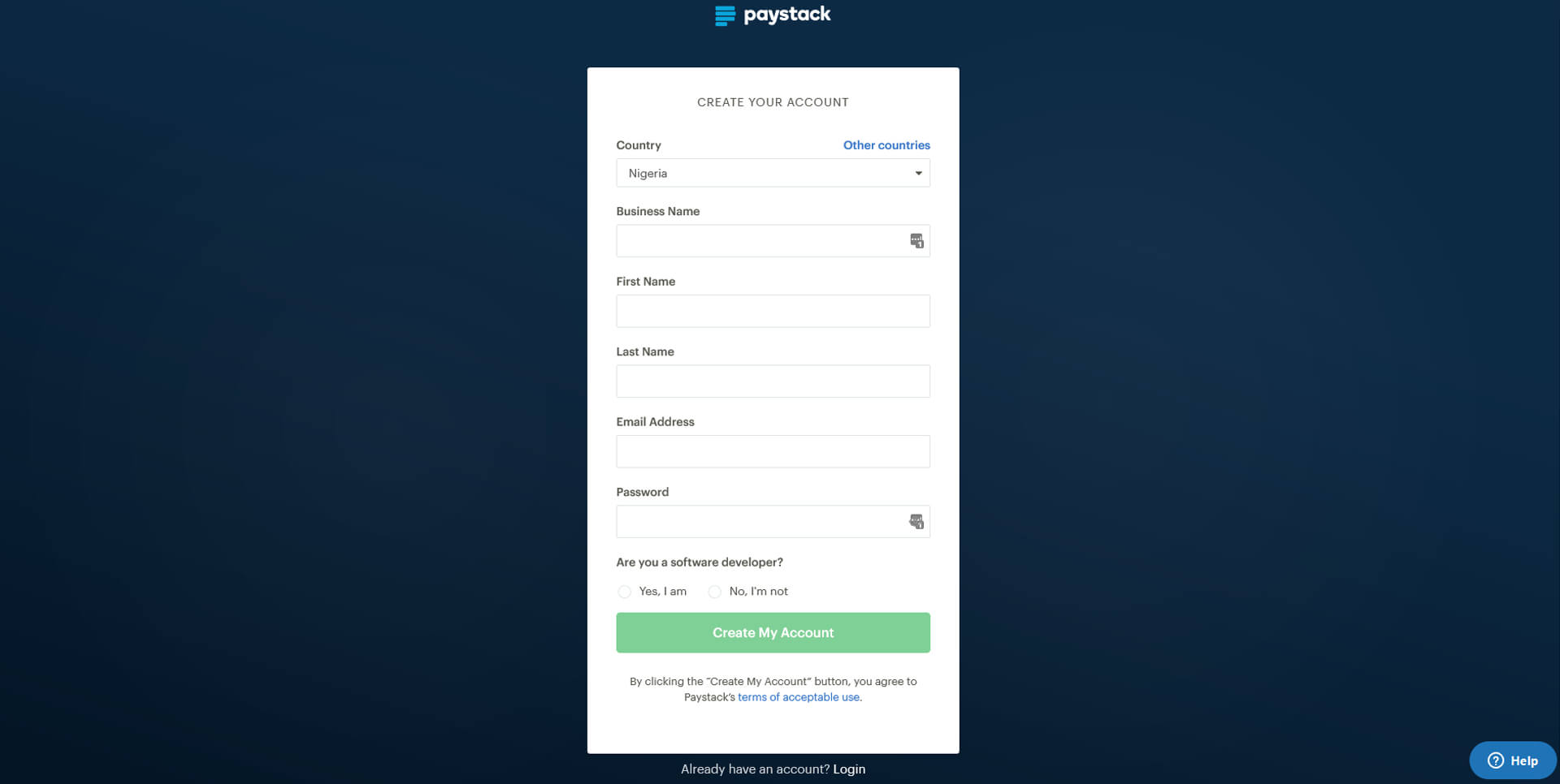 Sign Up on Paystack