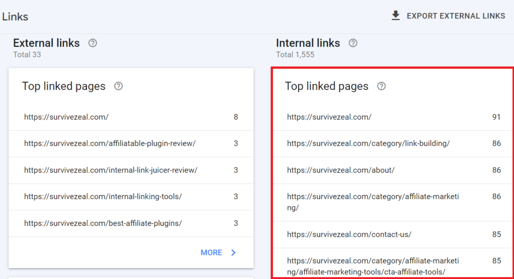 Google Search Console Internal linking