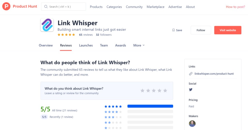 Link Whisper Reviews on Product Hunt