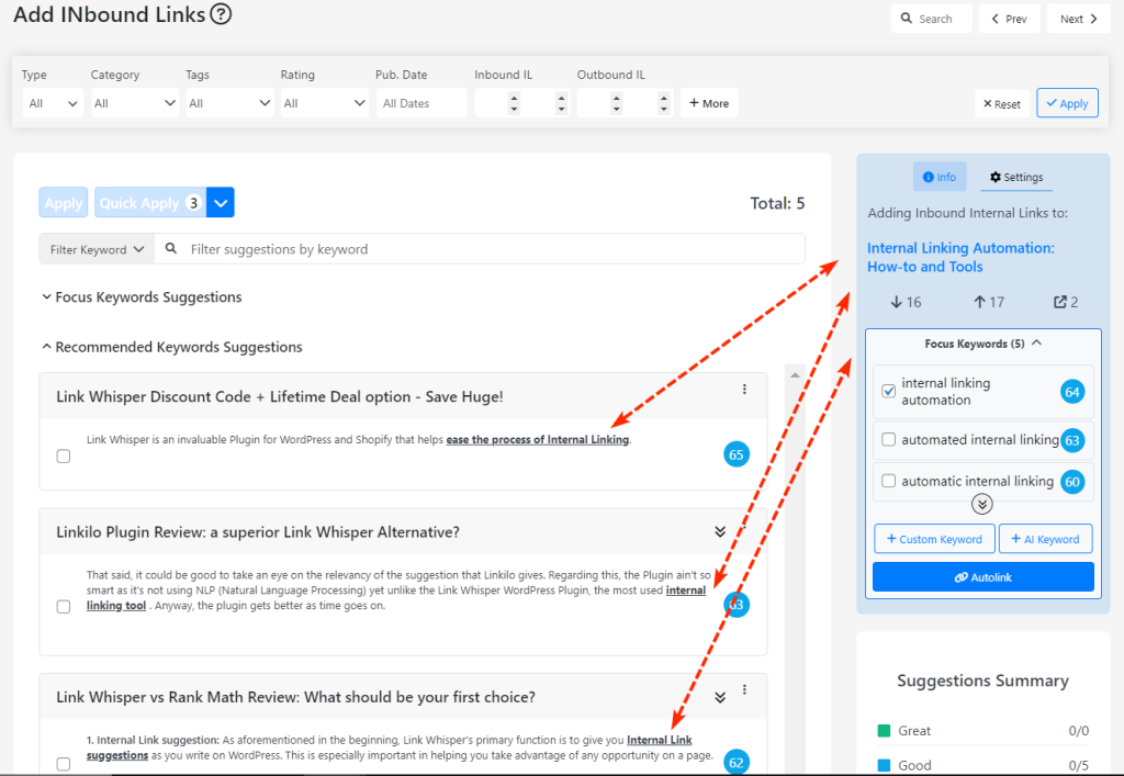 Linksy's Inbound link suggestion tool