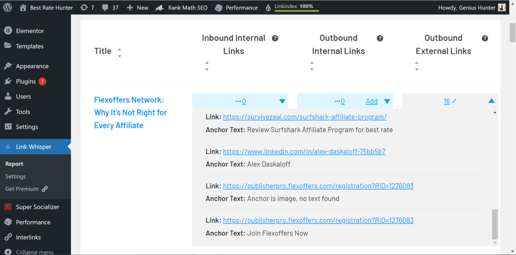 Internal links report, Link Whisper Free version