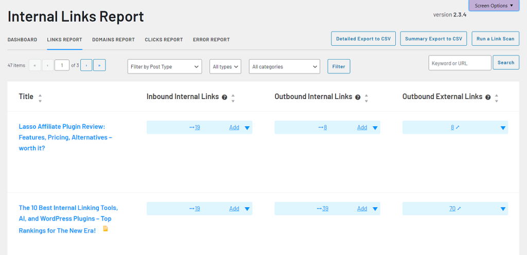 Internal links report, Link Whisper Paid version