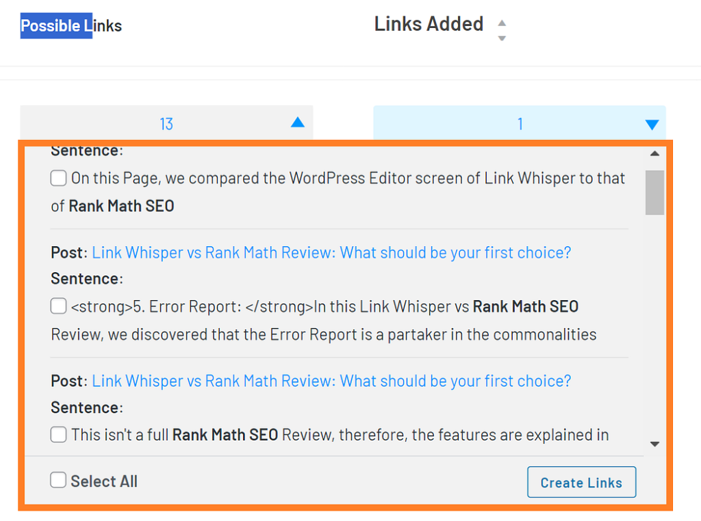 Select links before inserting, Link Whisper