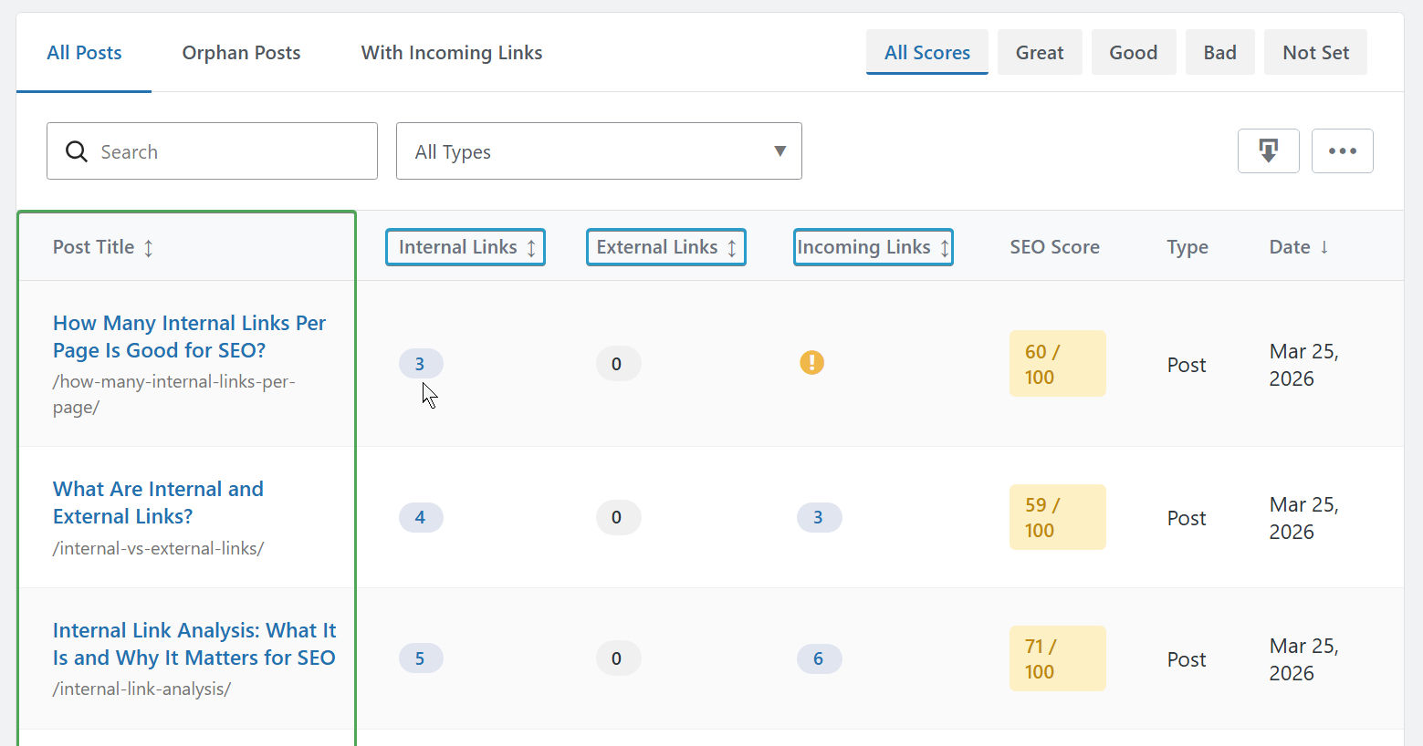 Internal Link Report, "AI Link Genius" (by Rank Math)